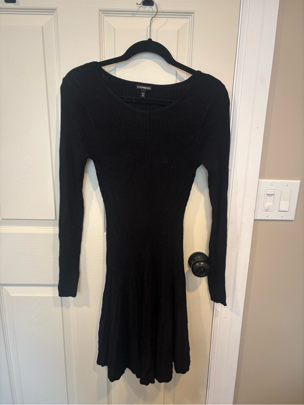 Express Black Ribbed Long Sleeve Fit-and-Flare Dress